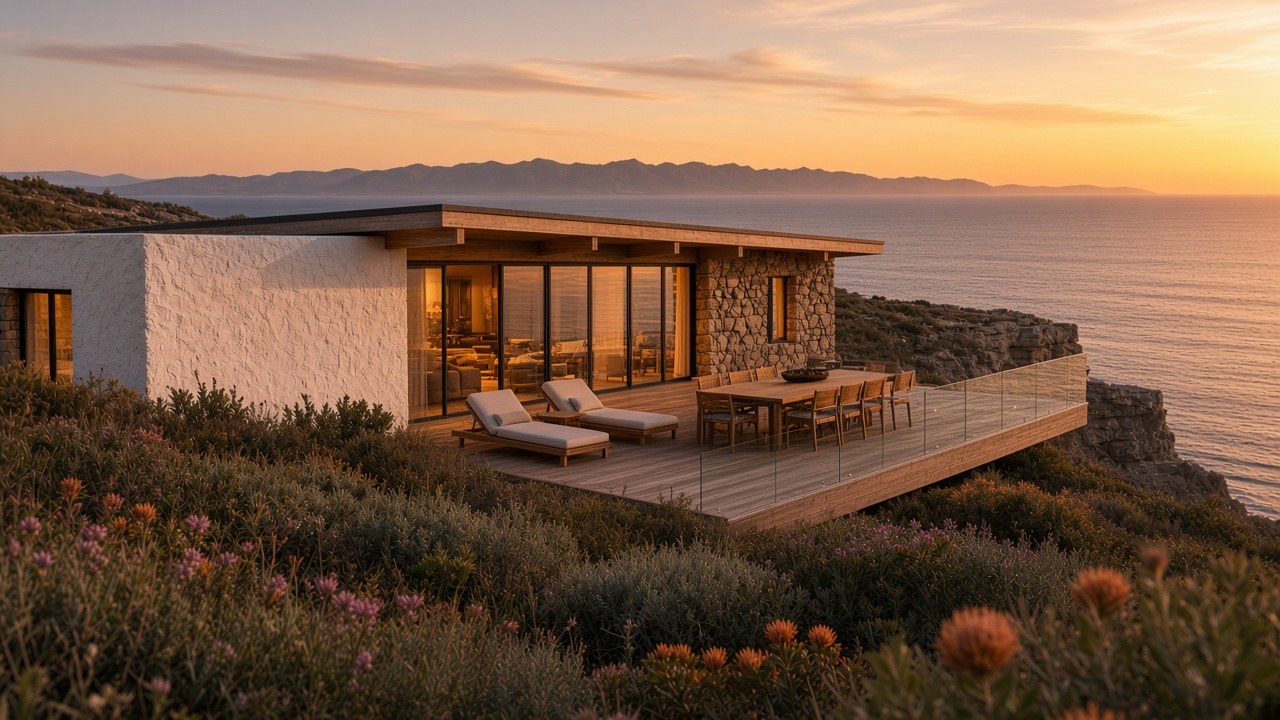 Villa Stilte deck at sunset