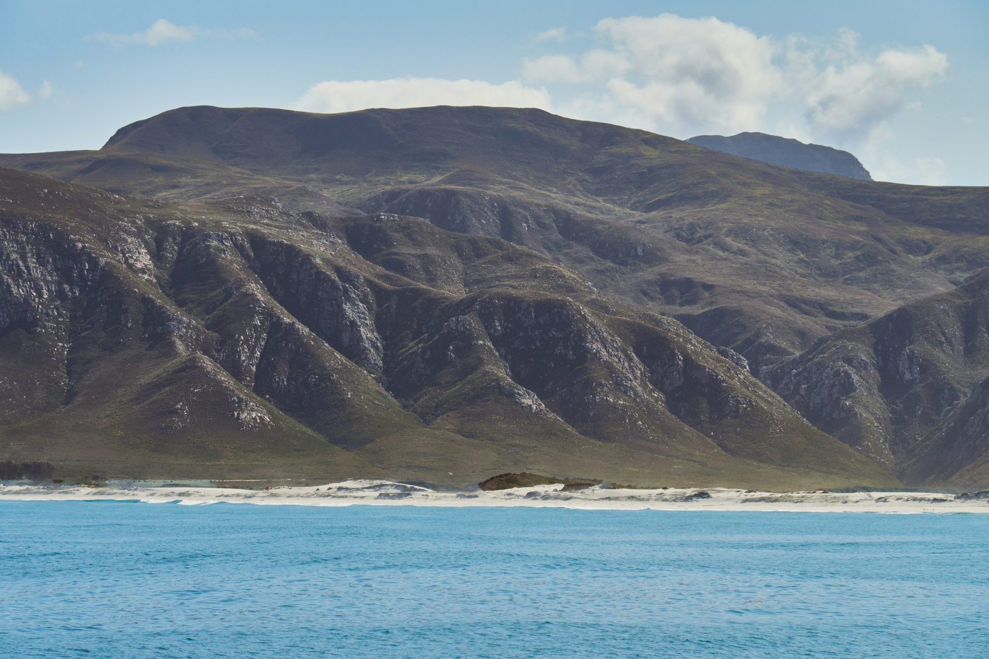 Mountains rising behind a white beach on Walker Bay